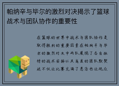 帕纳辛与毕尔的激烈对决揭示了篮球战术与团队协作的重要性